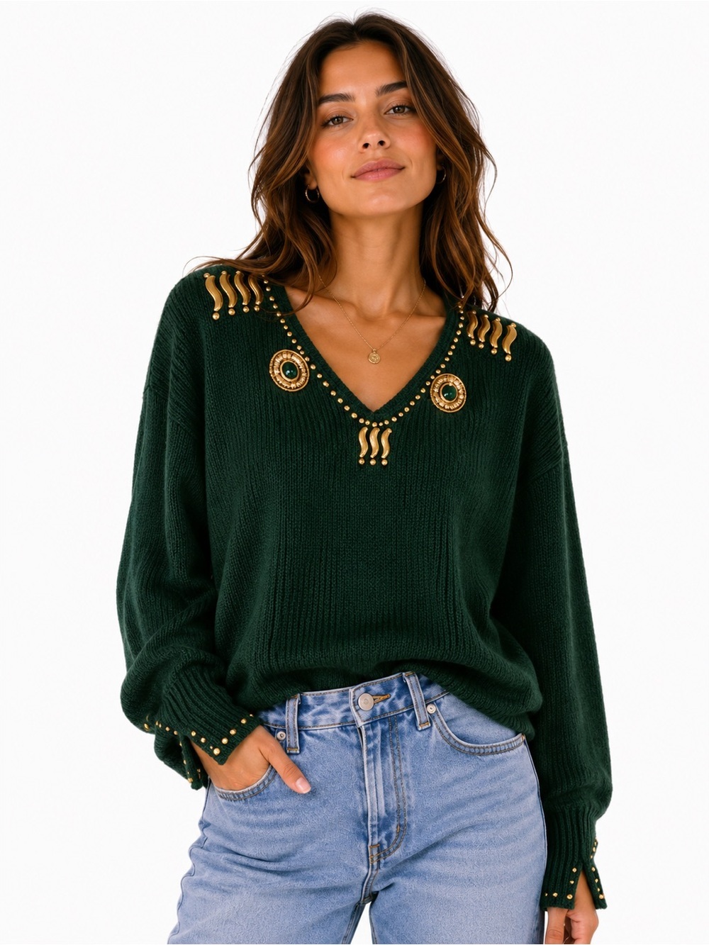 Vintage 90s Green Embellished Sweater XL Gold Studded V-Neck Retro - Picture 1 of 13